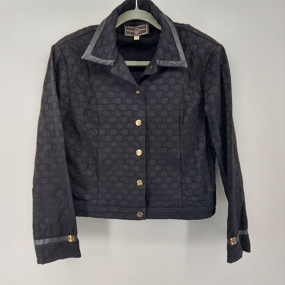 St. John Sport By Marie Gray Black Quilted Blazer with Gold Buttons Size 2